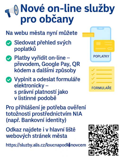 Nově lze sledovat a platit poplatky on-line! Dále je zde možnost vyplnění elektronických formulářů. Více informací níže.