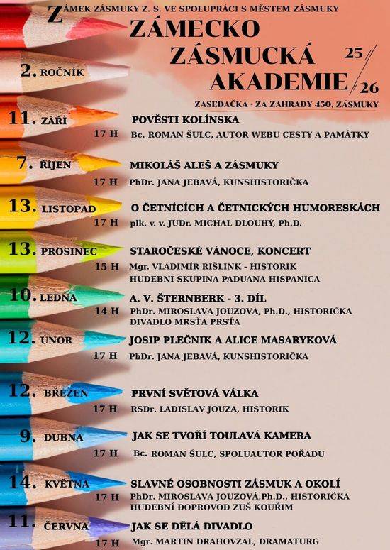 Spolek Zámek Zásmuky z. s. s podporou města pro Vás připravil další cyklus přednášek pod názvem ZÁMECKO ZÁSMUCKÁ AKADEMIE.