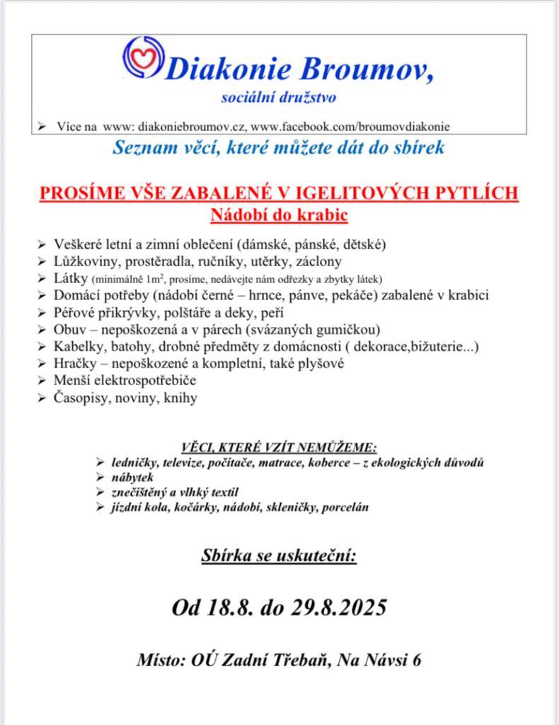 Na Obecním úřadě proběhne sbírka pro Diakonii Broumov od pondělí 18.8.2025 do pátku 29.8.2025.