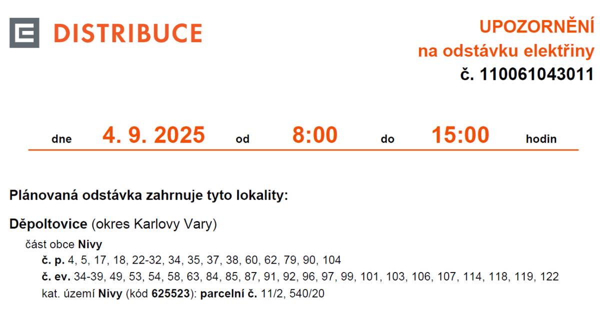 Dne 4. 9. 2025 dojde k přerušení dodávky elektrické energie v obci Děpoltovice, část obce Nivy od 8:00 do 15:00 z důvodu plánovaných prací na distribuční soustavě.