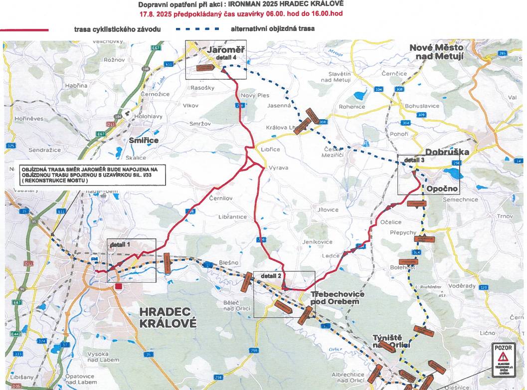 Vážení občané,  dovolte, abych vám předal informace k závodu IRONMAN, který se uskuteční tuto neděli 17. 8.2025    Závod  Lze očekávat okolo 2 500 závodníků. Bude to tedy obrovská akce, větší než v loňském roce.  Více než 50 % závodníků je ze zahraničí, na startu bude zastoupeno zhruba 60 zemí.    Uzavírka  Oficiálně uzavírka trvá od 6,00 do 16,00 hod.  V praxi budou po 6,00 na místě pořadatelé a začnou uzavírku připravovat.  Cca v 6,30 vyjede z HK policie a bude trať definitivně kontrolovat a zavírat. Nejdříve v úseku HK Černilov – Libřice – Josefov a zpět, aby bylo možno v 8 hodin odstartovat první kratší závod.  Mapka uzavírek je v příloze    Pořadatelé, hasiči, Policie ČR  Na důležitých místech (křižovatky, cesty atd.) budou pracovníci security nebo dobrovolní hasiči, respektujte jejich pokyny.  Na velmi důležitých místech budou pevné hlídky Policie ČR a další mobilní hlídky budou monitorovat širší okolí trati.  Po loňských zkušenostech věnujeme velkou pozornost dopravnímu značení, takže by nemělo docházet k tolika zádrhelům jako v roce 2024.     Fan zóny, fandění u trati  Pořadatel velmi děkuje za zájem o podporu závodníků. Závodníci si toho všímají a velmi to oceňují.  Nejbližší fanzona je u čerpací stanice v Libřicích    Bezpečnost  Zveme vás k trati, ale velmi apelujeme na maximální opatrnost. Hustý oboustranný provoz cyklistů v rychlosti přes 40-50 km/hod je velmi nebezpečný, uvidíte sami. Nepřipusťme nepříjemnosti spojené s pády či zraněními.    Proto prosíme: Nepřecházet trať v době průjezdu závodníků  Hlídat děti, sledovat staré lidi  Zavřít v obcích domácí zvířata  Dodržovat pokyny pořadatelů    Autobusová doprava na tomto odkazu https://www.dopravakhk.cz/…tml