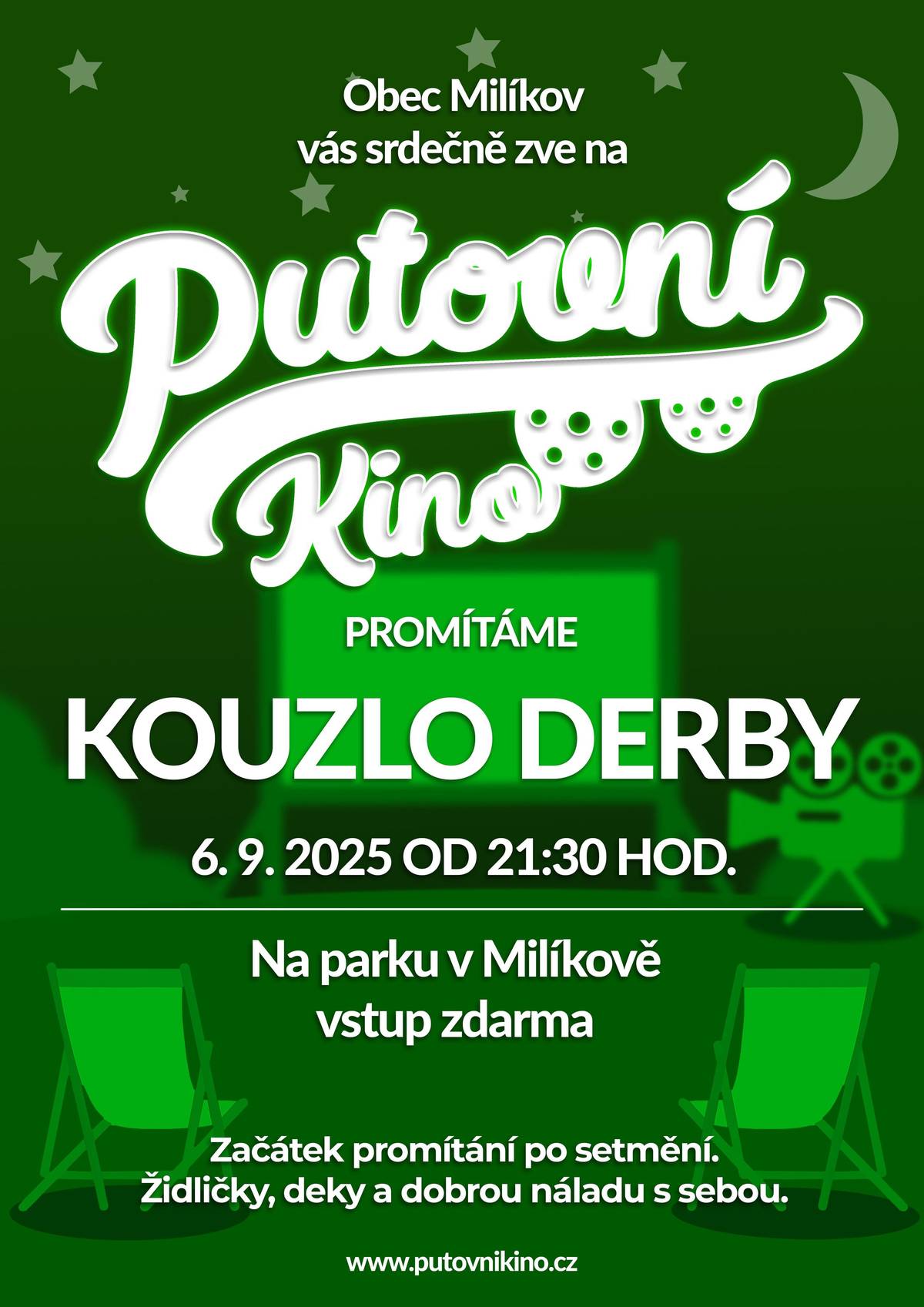 Dobrý den, zveme Vás na putovní kino, dne 6.9.2025 od 21:30 hod. na parku v Milíkově. Začátek promítání filmu KOUZLO DERBY začne po setmění a s sebou židličky, deky a dobrou náladu. Těšíme se na Vás :-)