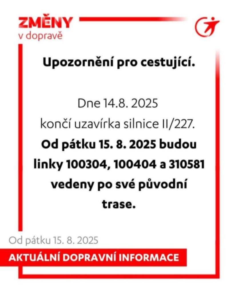 od 15.8. 2025 budou linky 304,404,581 vedeny po své původní trase