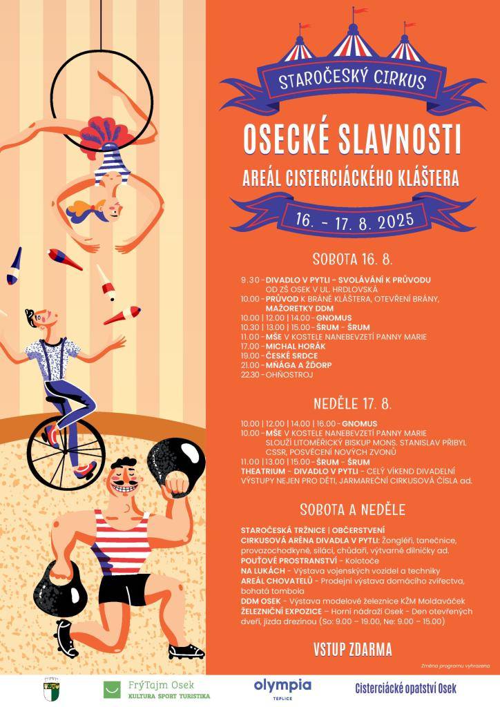 Již tento víkend – 16. a 17. srpna 2025 – se v areálu Cisterciáckého kláštera v Oseku uskuteční tradiční Osecké slavnosti s podtitulem Staročeský cirkus.