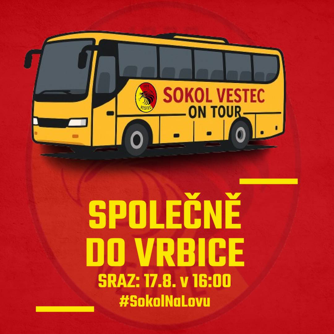 T.J. Sokol Vestec srdečně zve své příznivce na autobusový výjezd na první utkání nové sezony, které se odehraje tuto neděli ve Vrbici. Sraz na výjezd bude v neděli 17.8. v 16:00 u kabin na místním hřišti.