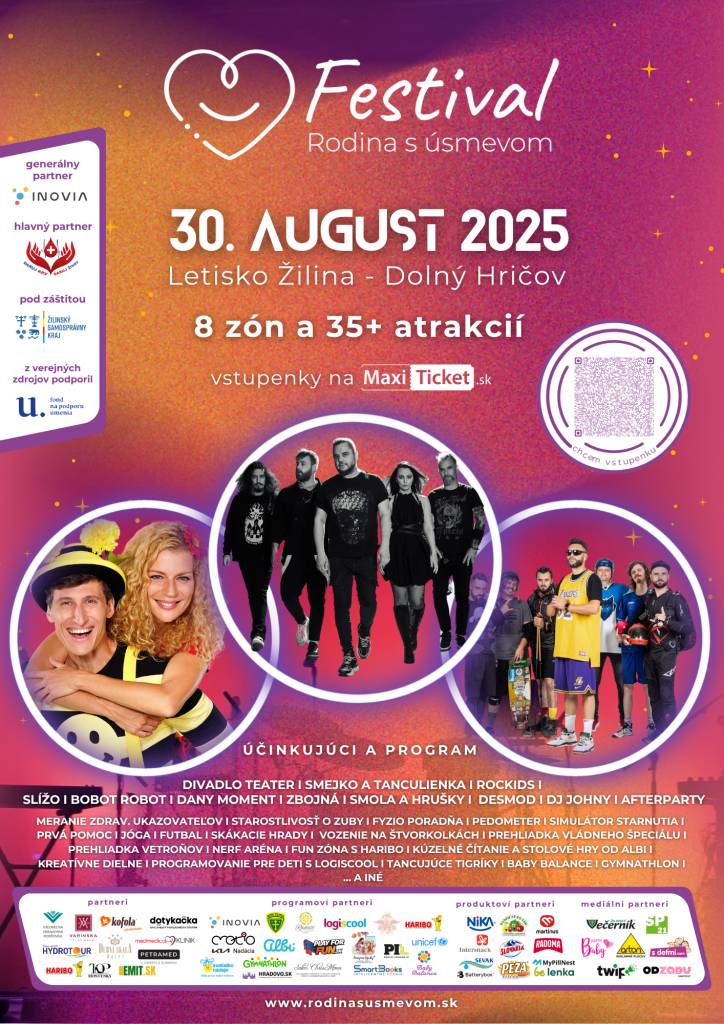 Pripravte sa na deň, ktorý spojí rodiny, priateľov a komunitu v atmosfére plnej smiechu, hudby a zážitkov! Festival Rodina s úsmevom 2025 sa uskutoční 30. augusta 2025 na Letisku Žilina – Dolný Hričov a ponúkne program, ktorý si užijú všetky generácie.