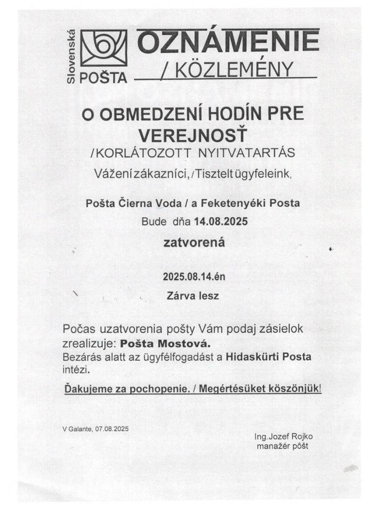 Oznámenie  Értesítés