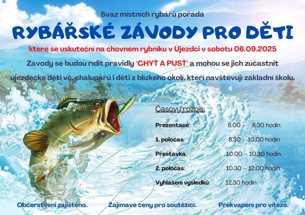 Újezdečtí rybáři tímto zvou místní zájemce o rybolov na tradiční rybářskou soutěž. Přijďte si zachytat, podpořit své favority nebo jen posedět a popovídat se sousedy. Těšíme se na vás v sobotu 6. září 2025 u místního rybníku.