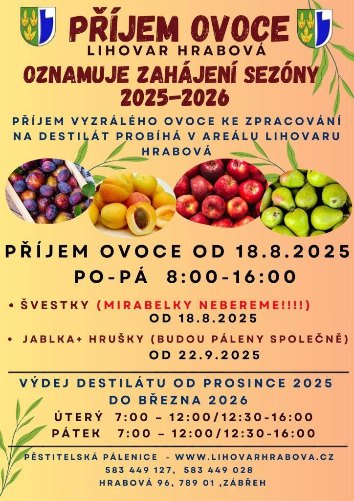 zahájení sezóny 2025-2026 - příjem zralého ovoce k zpracování na destilát