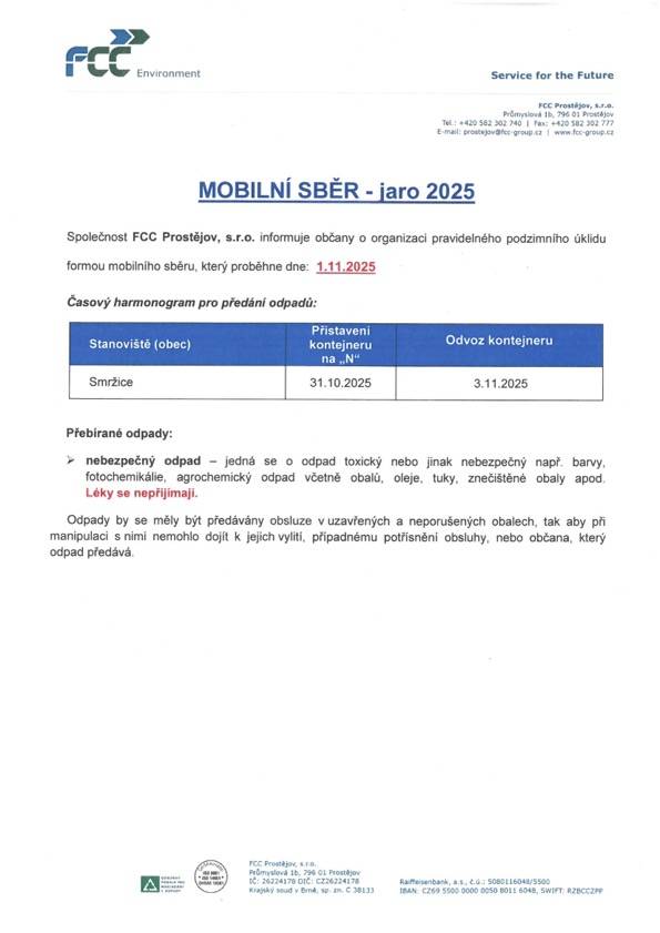 Společnost FCC Prostějov, s.r.o. informuje občany o organizaci pravidelného podzimního úklidu formou mobilního sběru, který proběhne dne 1.11.2025.
