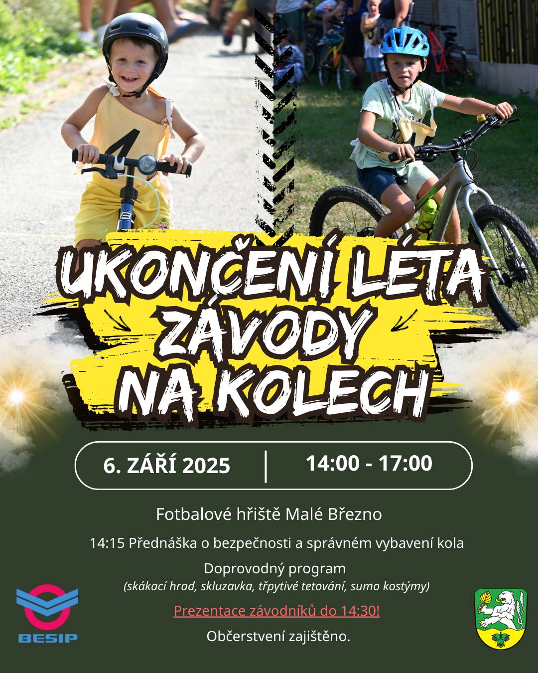 Srdečně zveme všechny malé i velké cyklisty, jejich fanoušky a rodiny na sportovní a zábavné odpoledne v Malém Březně! 📅 Kdy: sobota 6. září 2025 Přijďte si užít den plný smíchu, sportu a společných zážitků. Nezáleží, jestli závodíte, nebo jen fandíte – hlavní je dobrá nálada! 🌞 Těšíme se na vás! 💛