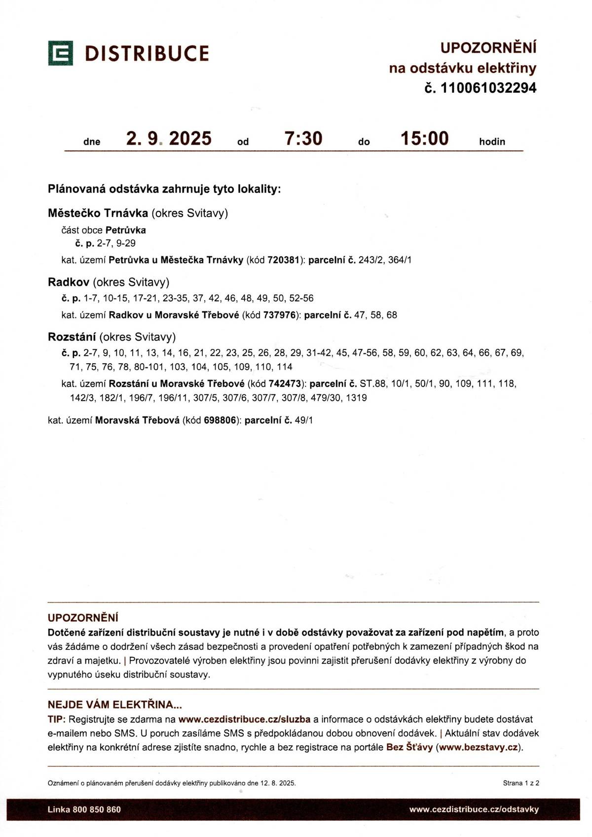 Upozorňujeme na odstávku elektřiny dne 2.9.2025 od 7:30 - 15:00hod.