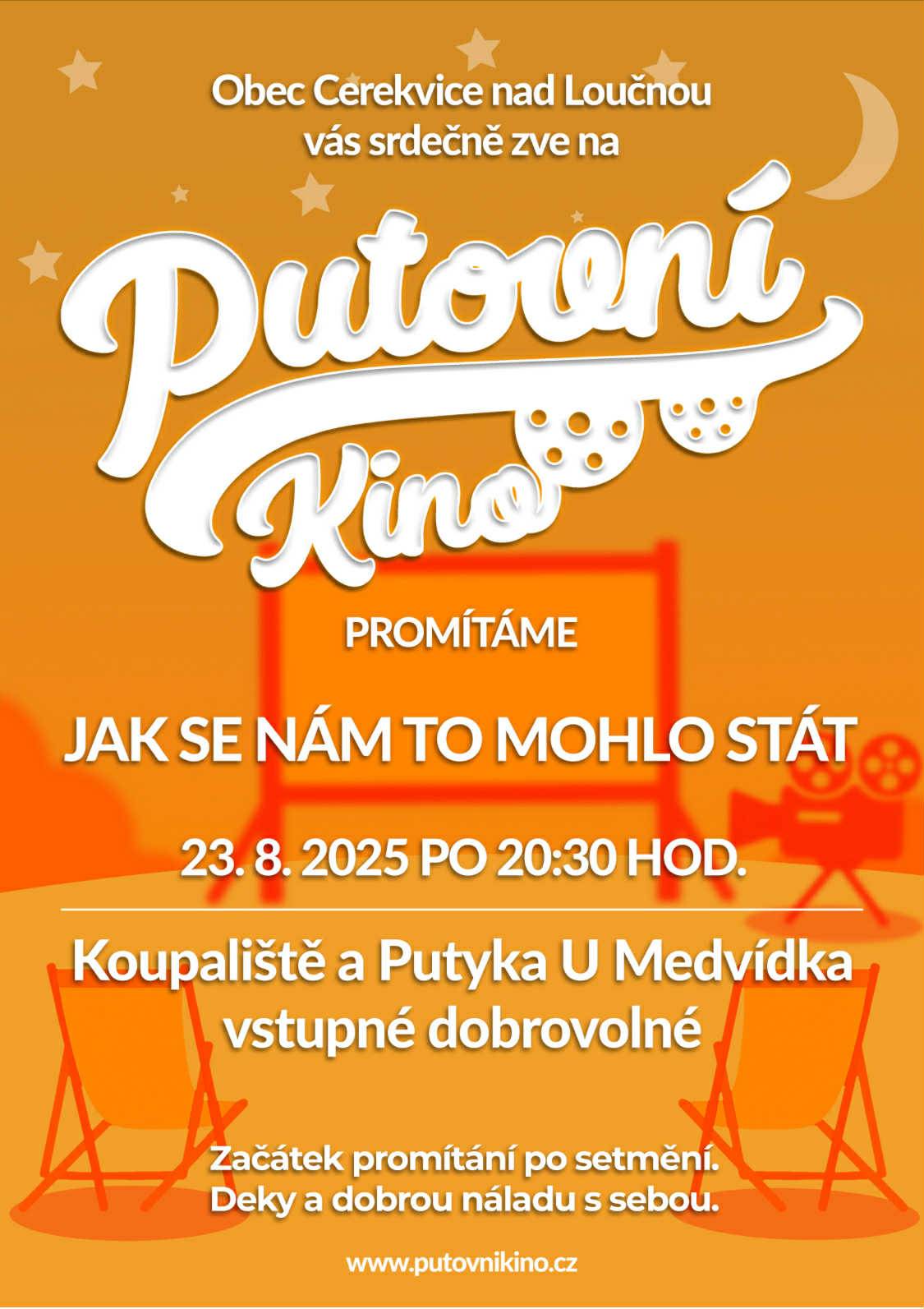 Obec Cerekvice nad Loučnou Vás srdečně zve na promítání putovního kina na koupališti v Cerekvici. Promítána bude komedie Jak se nám to mohlo stát.  Na koupališti se na Vás těšíme v sobotu 23.srpna 2025 . Začátek po setmění tj. v cca 20,30. Vstupné dobrovolné.