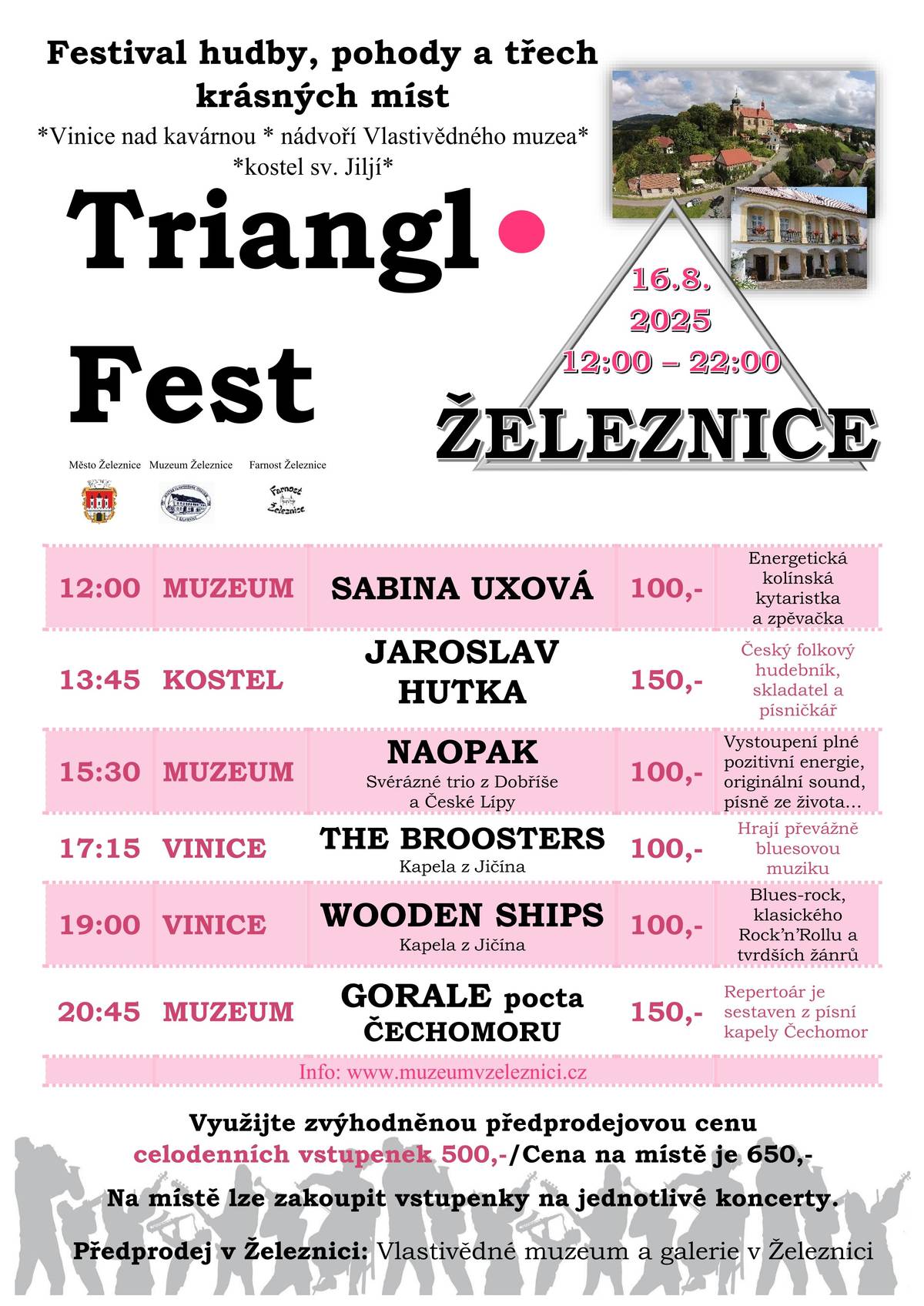Srdečně vás zveme v sobotu 16. srpna 2025 na tradiční festival hudby, pohody a třech krásných koncertních míst v Železnici TRIANGL FEST 2025. Program koncertů naleznete na plakátě v příloze. Celodenní vstupenky za zvýhodněnou cenu 500 Kč jsou ještě v prodeji v muzeu v Železnici.  V sobotu se prodávají v pokladně muzea (muzejní krámek) celodenní vstupenky za plnou cenu 650 Kč.  Vstupenky na jednotlivé koncerty se kupují 30 minut před začátkem koncertu na místě konání.