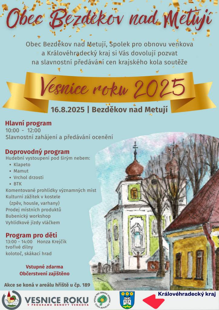 Bezděkov nad Metují hostí slavnostní vyhlášení Vesnice roku 2025 v Královéhradeckém kraji