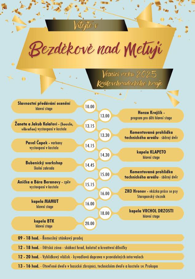 V sobotu 16. srpna 2025 od 10:00 hodin se v Bezděkově nad Metují uskuteční slavnostní vyhlášení výsledků krajského kola soutěže Vesnice roku 2025.