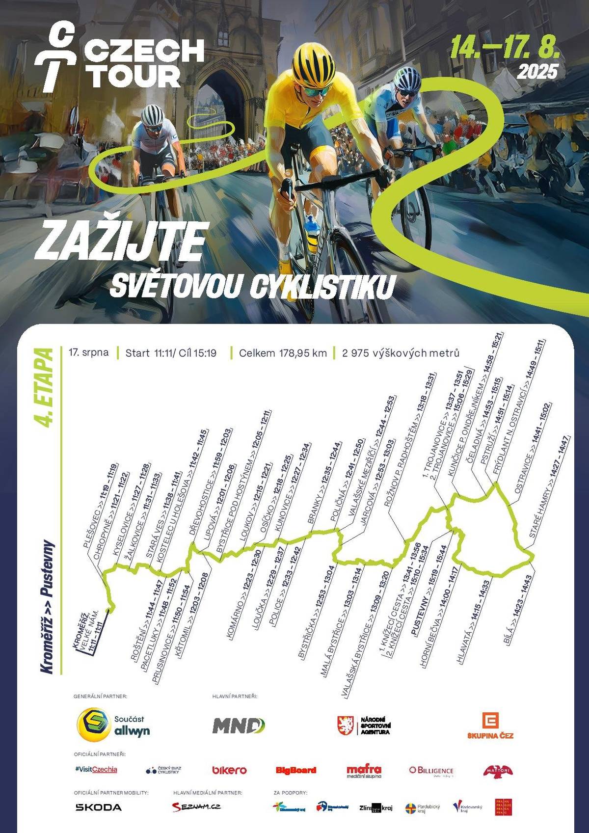 Naší obcí projede v neděli 17. srpna Czech Tour, peloton světových cyklistických hvězd. Počítejte s dopravním omezením a dorazte fandit k trati! Přímý přenos z každé etapy diváci v letošním roce najdou jak na České televizi, tak na Eurosportu.