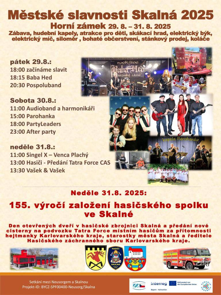 Přijďte oslavit Slavnosti města Skalná, které se uskuteční ve dnech 29. - 31. srpna 2025 v areálu Horního zámku Skalná.