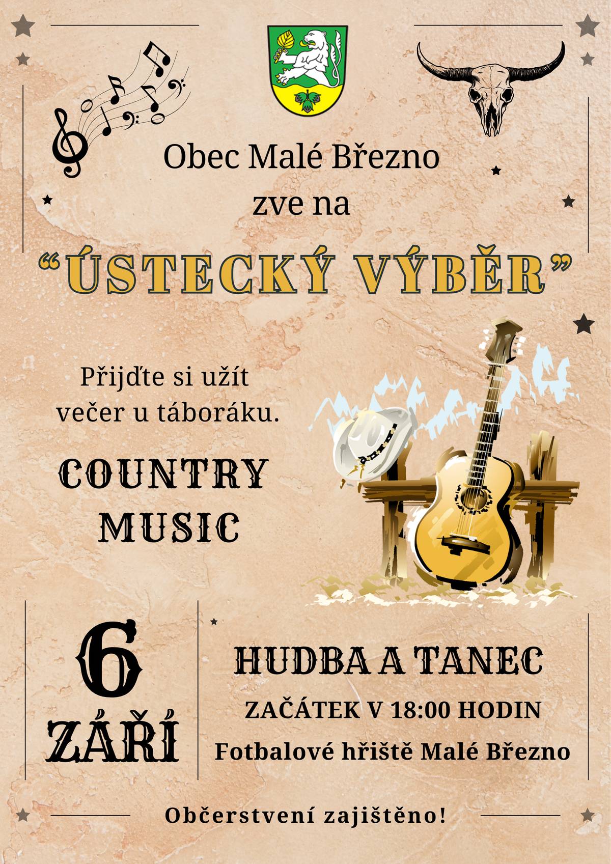 🤠 Večer s country hudbou 🎶 Obec Malé Březno vás srdečně zve na večer plný hudby, tance a pohody u táboráku s kapelou Ústecký výběr. 📅 Kdy: sobota 6. září 2025  Kovbojské klobouky a dobrou náladu s sebou! 🤎 Těšíme se na vás! ✨