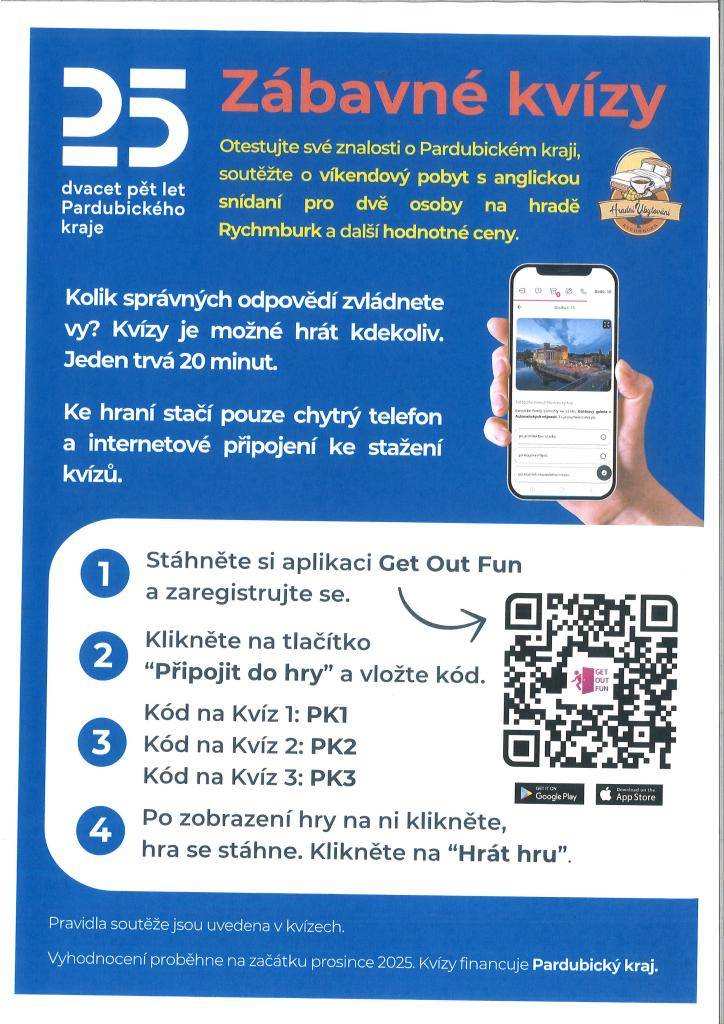 Pardubický kraj připravil zábavnou soutěž v podobě kvízů, které můžete hrát kdekoliv. Stačí si stáhnout aplikaci Get Out Fun a zaregistrovat se, abyste se mohli zapojit.