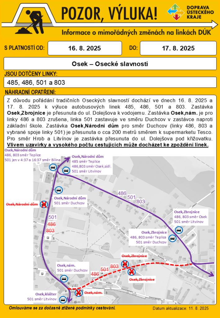 Z důvodu pořádání tradičních Oseckých slavností dochází ve dnech 16. 8. 2025 a 17. 8. 2025 k výluce autobusových linek 485, 486, 501 a 803.
