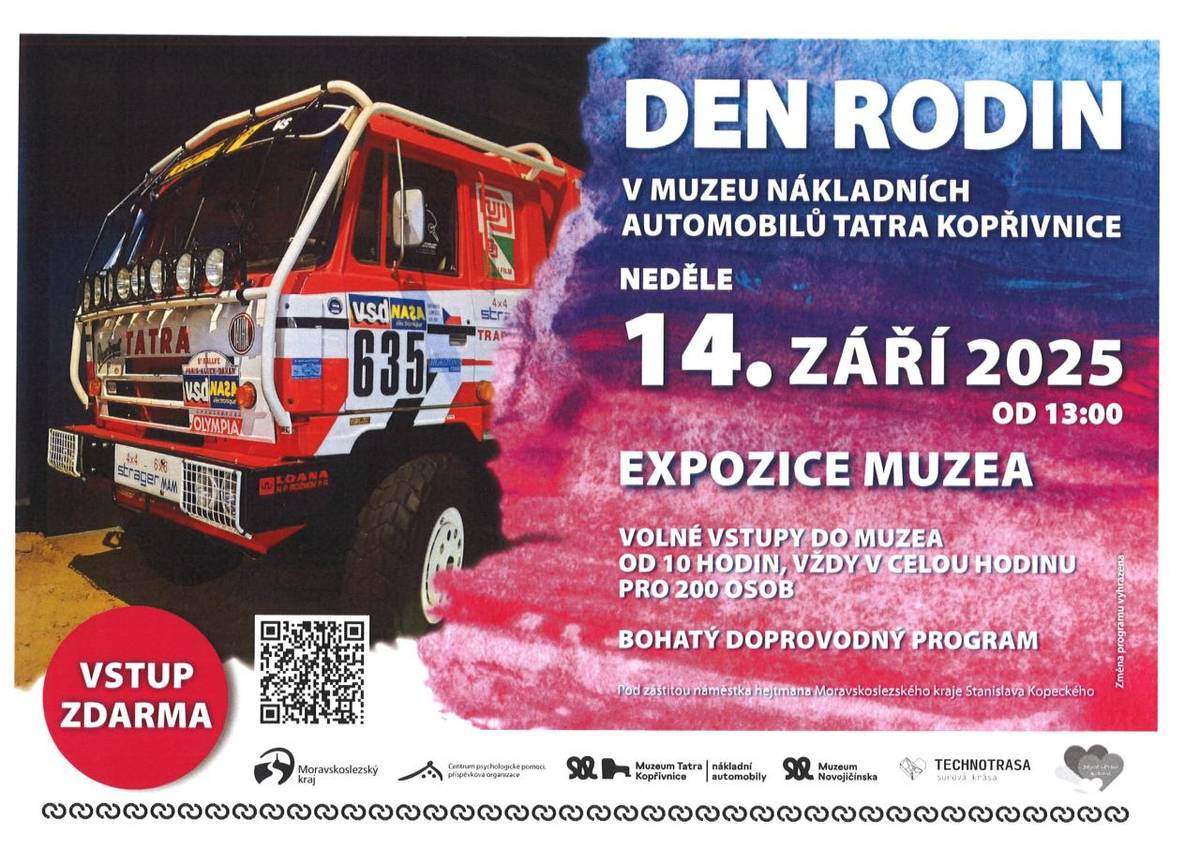Zveme vás na Den rodin v Muzeu nákladních automobilů Tatra Kopřivnice, který se koná 14. září 2025. Návštěvníci se mohou těšit na bohatý doprovodný program a volné vstupy do muzea od 10 hodin, vždy v celou hodinu pro 200 osob.