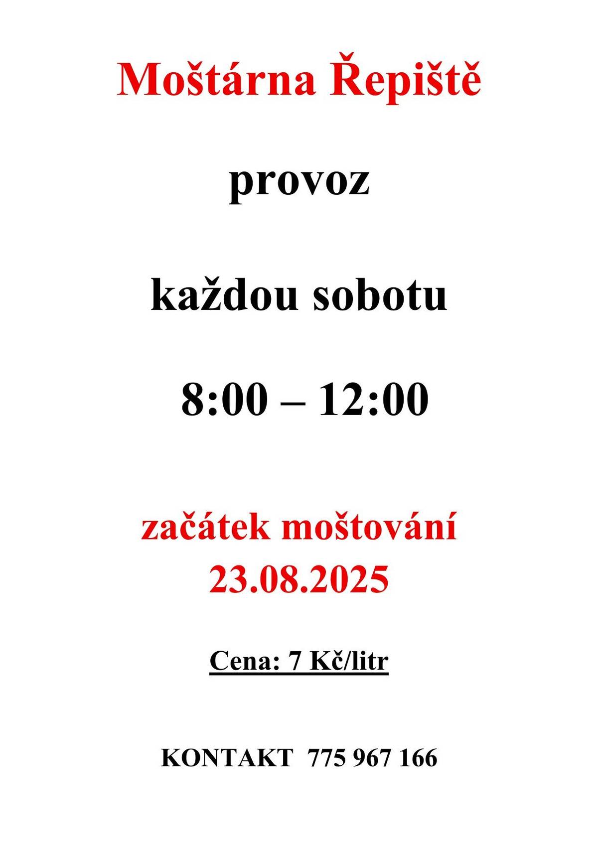 Začátek moštování 23.08.2025. Tel.: 775 967 166