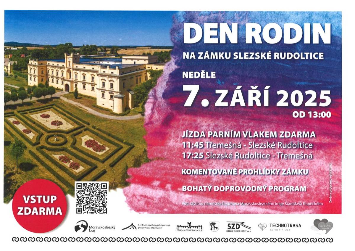 Na zámku Slezské Rudoltice se 7. září 2025 uskuteční Den rodin, který nabídne bohatý doprovodný program včetně jízdy parním vlakem zdarma a komentovaných prohlídek zámku.