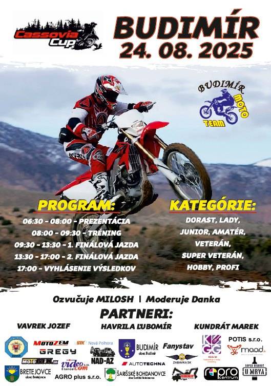 Srdečne Vás pozývame na 7. podujatie Cassovia Cup 2025 do Budimíra dňa 24.8.2025 so začiatkom o 6:30h na Motokrosovom areáli.