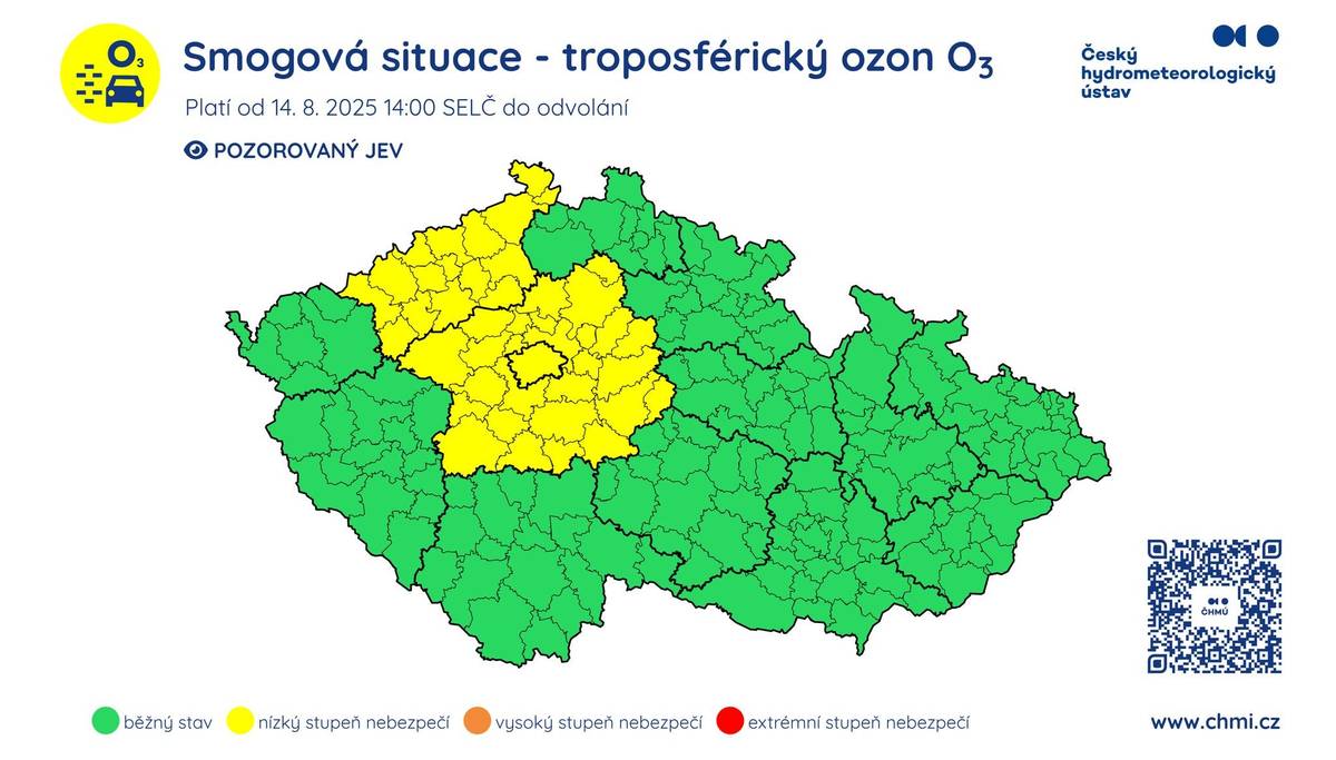 Pro Ústecký kraj byla vyhlášena smogová situace z důvodu vysokých koncentrací troposférického ozónu, jedná se o nízký stav nebezpečí.     Doporučení: Při pobytu pod širým nebem v odpoledních hodinách je doporučeno zdržet se zvýšené fyzické zátěže, spojené se zvýšenou frekvencí dýchání. Doporučení platí zejména pro osoby s chronickými dýchacími potížemi, starším lidem a malým dětem.   Podrobné aktuální informace jsou k dispozici na internetových stránkách: www.chmi.cz