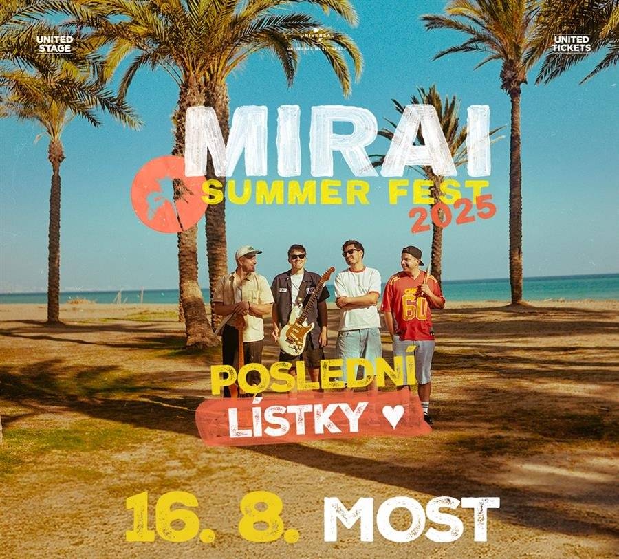 Již tuto sobotu 16. srpna ovládne areál Benedikt v Mostě letní atmosféra plná hudby, zábavy a nezapomenutelných zážitků. Fanoušci kapely Mirai a dalších hvězd se mohou těšit na celodenní akci Summer Fest, která nabídne nejen koncerty, ale také autogramiády, talk show, soutěže a další. Více informací - včetně parkování a jízdních řádů MHD najdete ZDE