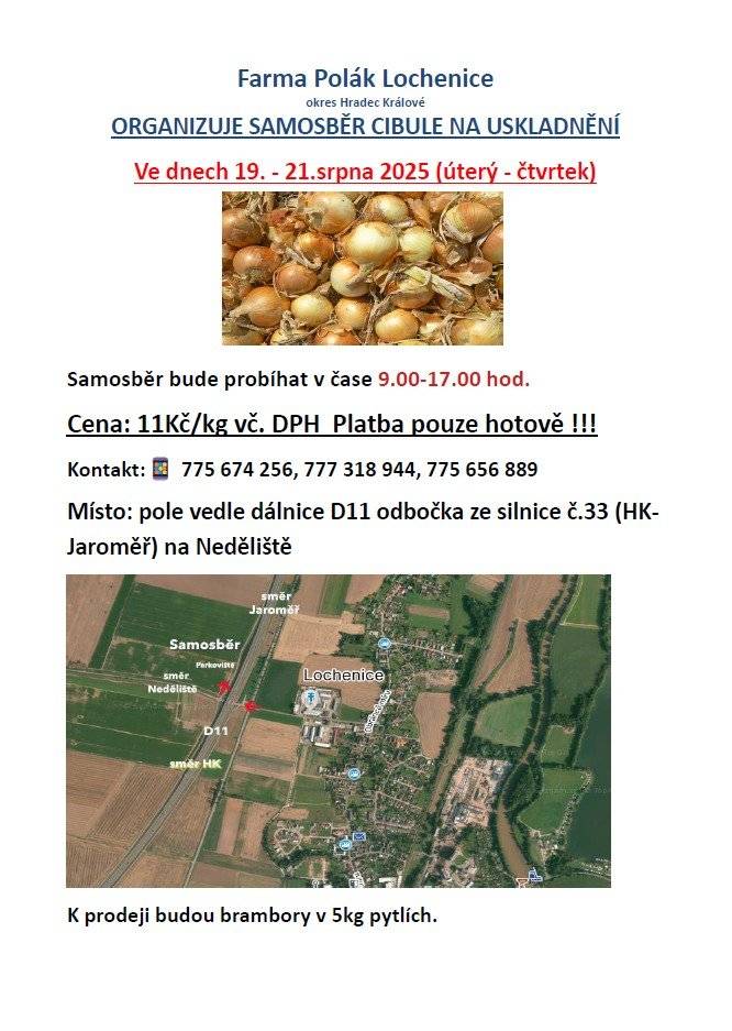 Farma Polák Lochenice organizuje ve dnech 19. - 21. srpna 2025 samosběr cibule, který bude probíhat v čase 9-17 hodin na poli vedle dálnice D11 - odbočka ze silnice č. 33 (HK - Jaroměř) na Neděliště.  Cena: 11Kč/kg vč. DPH Platba pouze hotově !!! Kontakt: 775 674 256, 777 318 944, 775 656 889 K prodeji budou i brambory v 5kg pytlích.