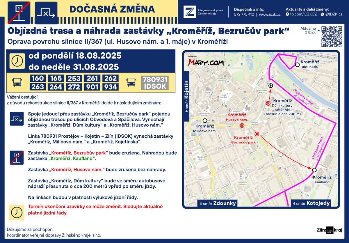 Infoleták Kroměříž povrchy.pdf Informace ke změnám v organizaci veřejné dopravy, která se týká linek s vazbou na obec Zdounky. Výlukové jízdní řády budou k dispozici na stránkách www.idzk.cz.