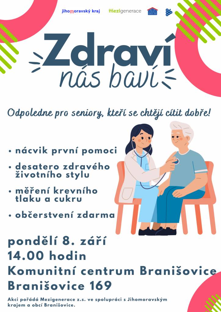 Komunitní centrum Branišovice srdečně zve všechny občany na akci Zdraví nás baví, která proběhne 8. 9. 2025 ve 14:00.