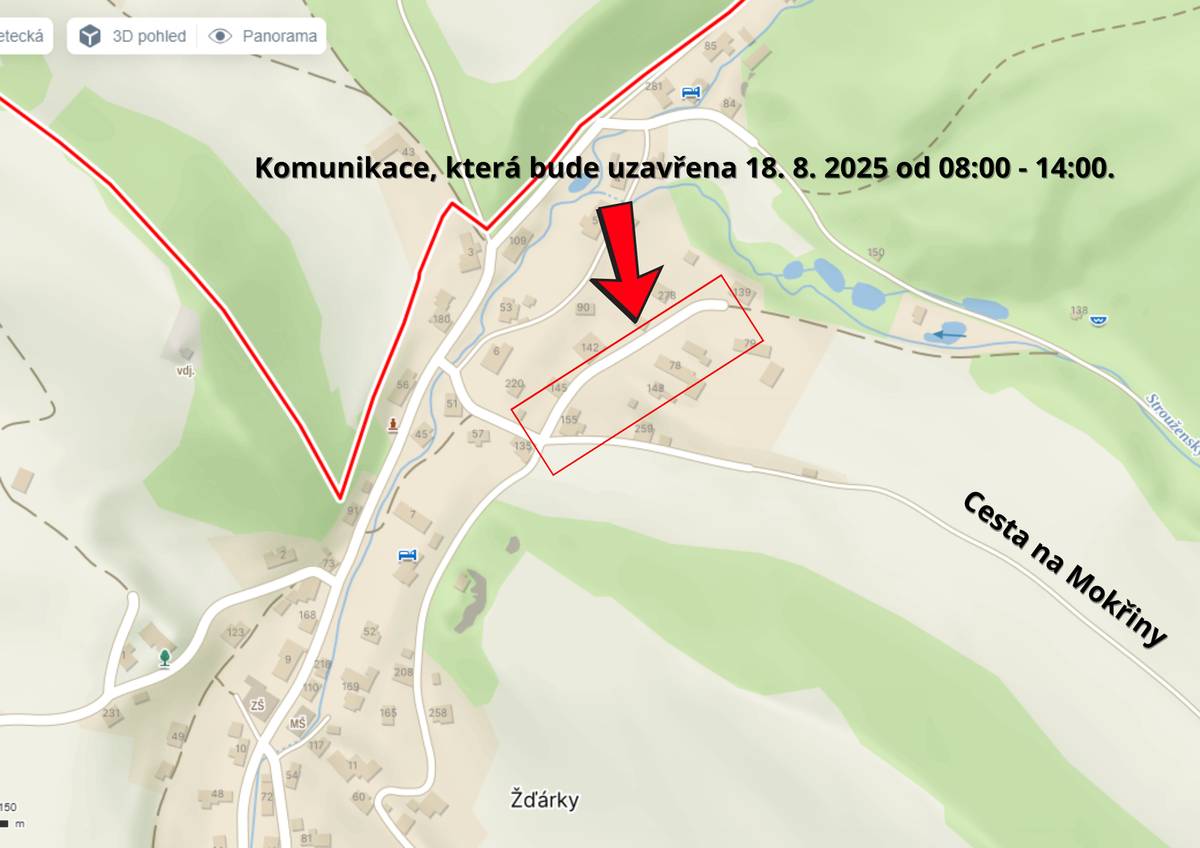 Dobrý den. V pondělí 18. 8. 2025 od 08:00 - 14:00 nepoteče voda z důvodu havárie na vodovodním řadu. Zároveň nebude průjezdná komunikace, která je vyznačena na přiložené mapě. Děkujeme za pochopení. OÚ Žďárky