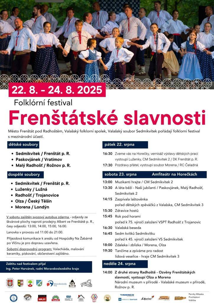 Zveme vás na Frenštátské slavnosti, které se konají od 22. do 24. srpna 2025 v amfiteátru na Horečkách. Přijďte si užít bohatý program plný folkloru a tradic.