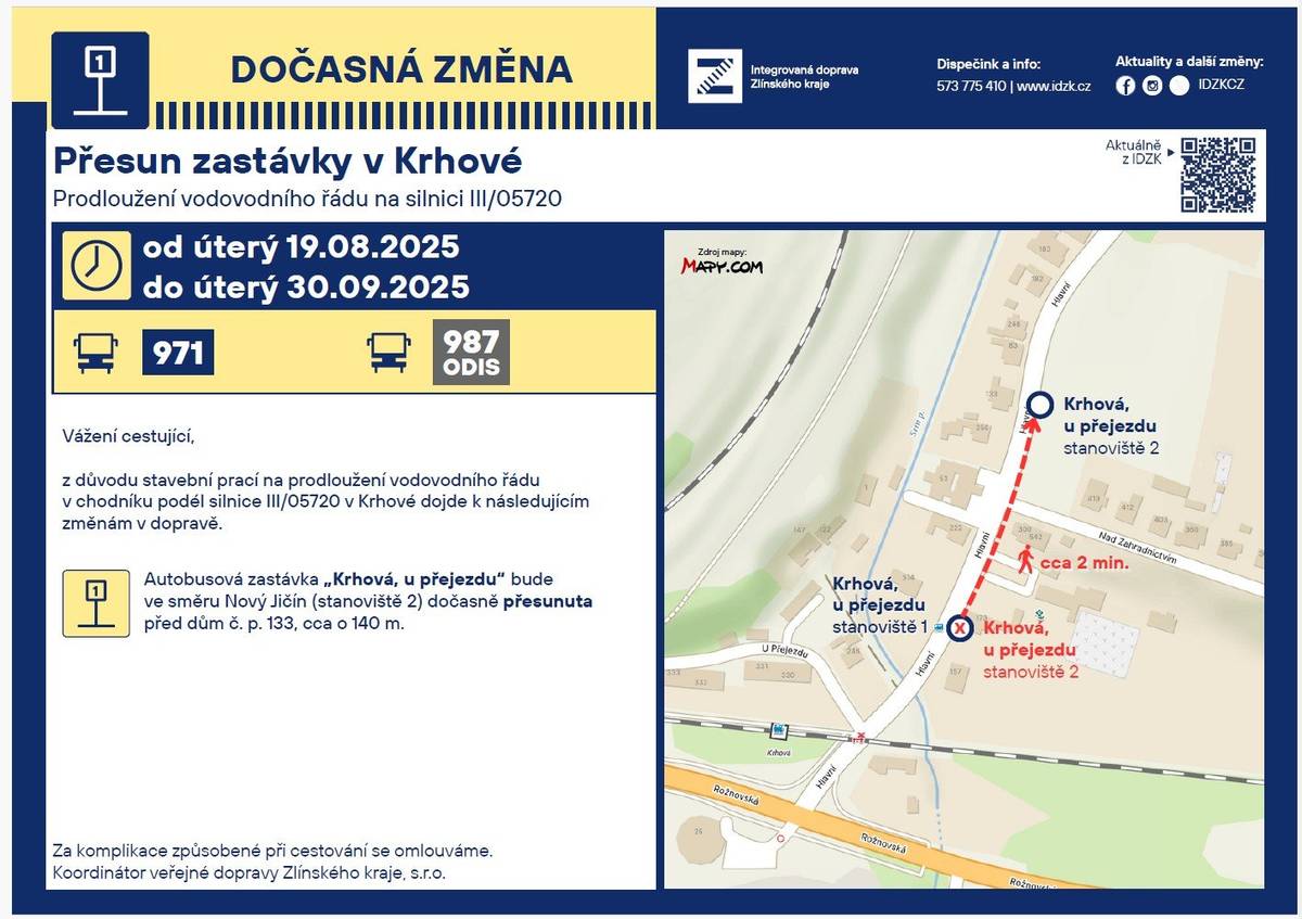 Vážení občané, v rámci akce "Prodloužení vodovodu k bytovkám u Přejezdu" dojde od 19.8.2025 dočasně k přesunutí autobusové zastávky ve směru na Nový Jičín před dům č.p. 133, viz. příloha Děkujeme za pochopení