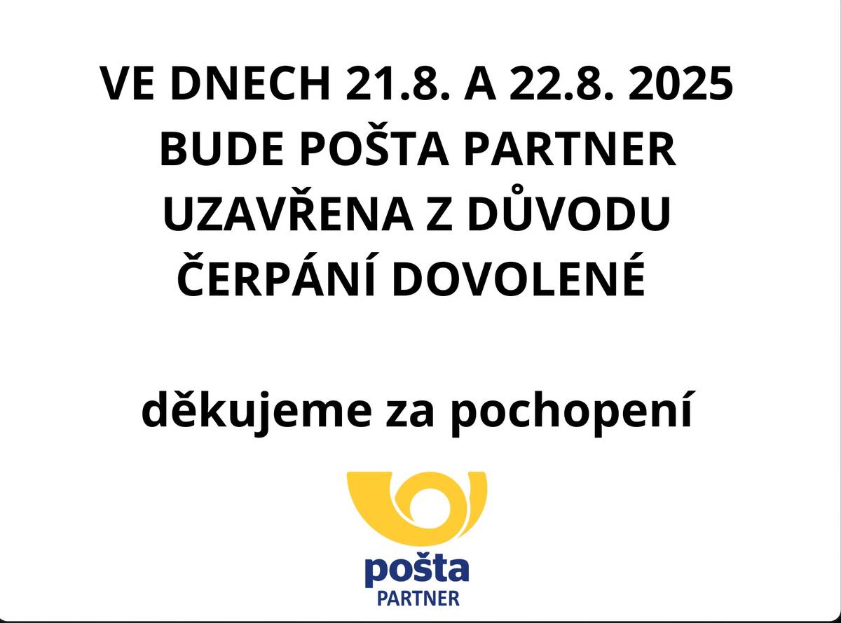 Pošta Partner Nový Kostel bude ve dnech 21.8.2025 a 22.8.2025 dočasně uzavřena. Děkujeme za pochopení.