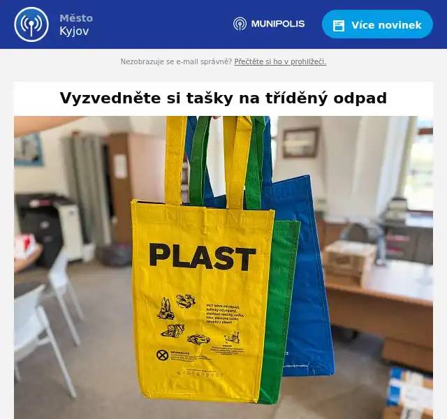 Na podatelnách městského úřadu (budova radnice a budova čp. 1) a na poště v Bohuslavicích jsou právě k vyzvednutí tašky na tříděný odpad. K dispozici jsou dvě velikosti balení, ve kterých naleznete tašku na plast, papír a sklo (navíc i taška na kovy).