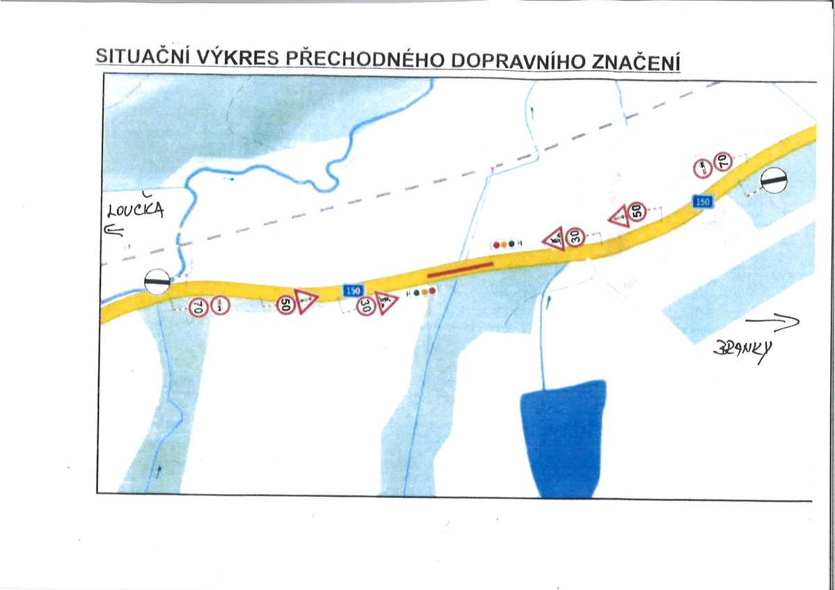 Částečná uzavírka silnice II/150 směr Branky, řízená světelnou signalizací, ve dnech 21.8. - 29.8.2025 vždy od 7 do 14 hodin.