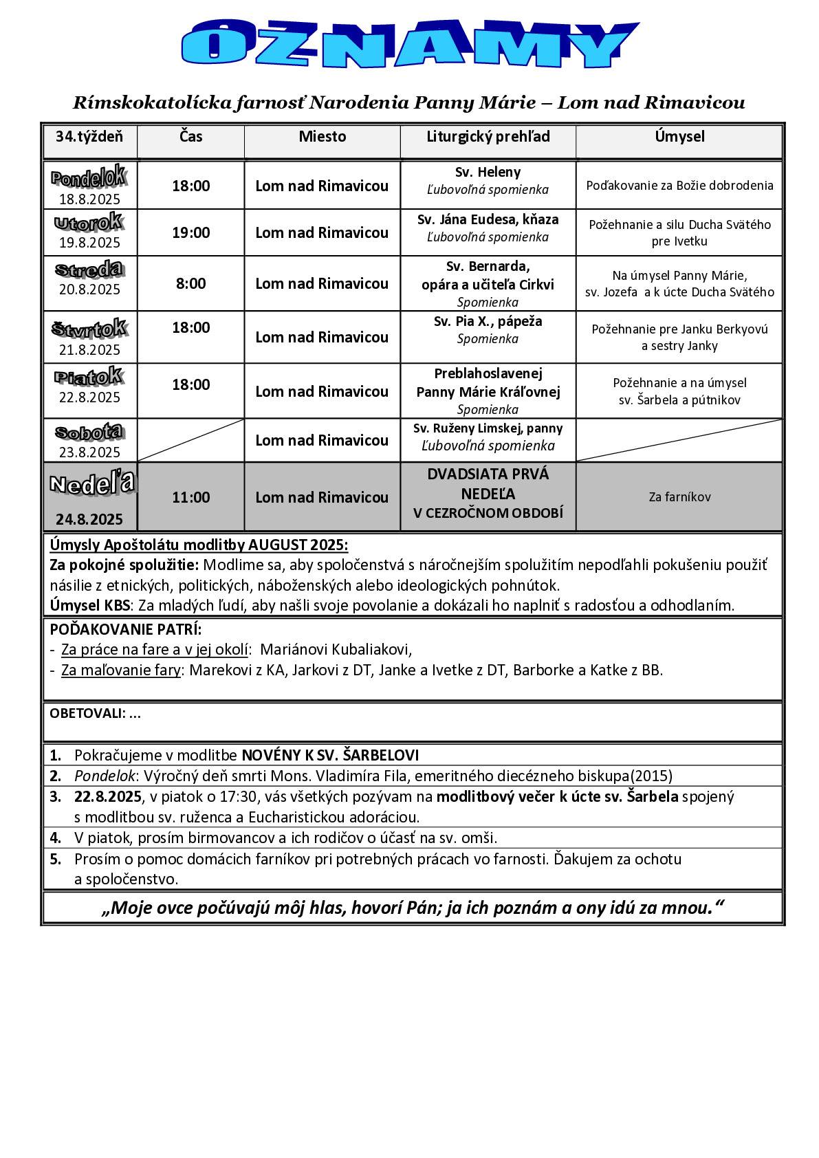 Oznamy na 34. týždeň