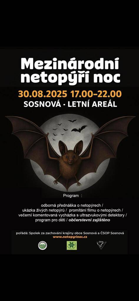 Mezinárodní netopýří noc se uskuteční 30.08.2025 od 17 do 22 hod. v prostorách letního areálu v Sosnové.