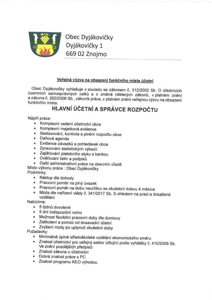 Obec Dyjákovičky vyhlašuje veřejnou výzvu na obsazení funkčního místa - HLAVNÍ ÚČETNÍ A SPRÁVCE ROZPOČTU