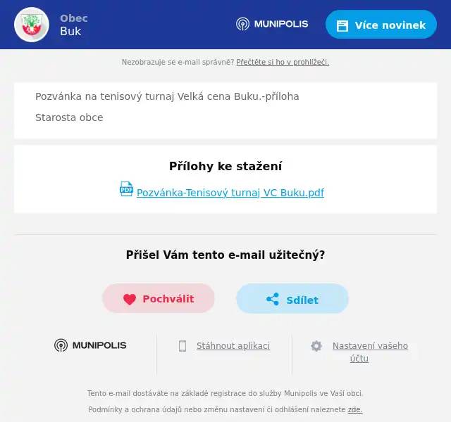 Pozvánka na tenisový turnaj Velká cena Buku.-příloha Starosta obce