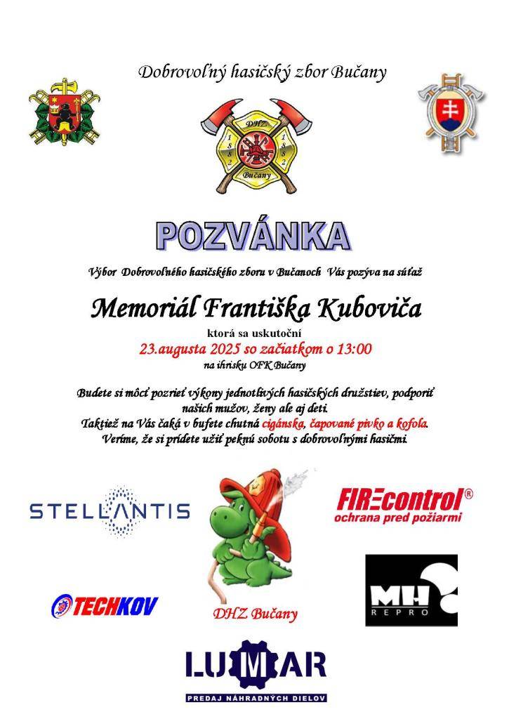 Pozvánka na súťaž od Výboru Dobrovoľného hasičského zboru v Bučanoch, ktorá sa uskutoční 23. augusta 2025 o 13:00 na ihrisku OFK Bučany