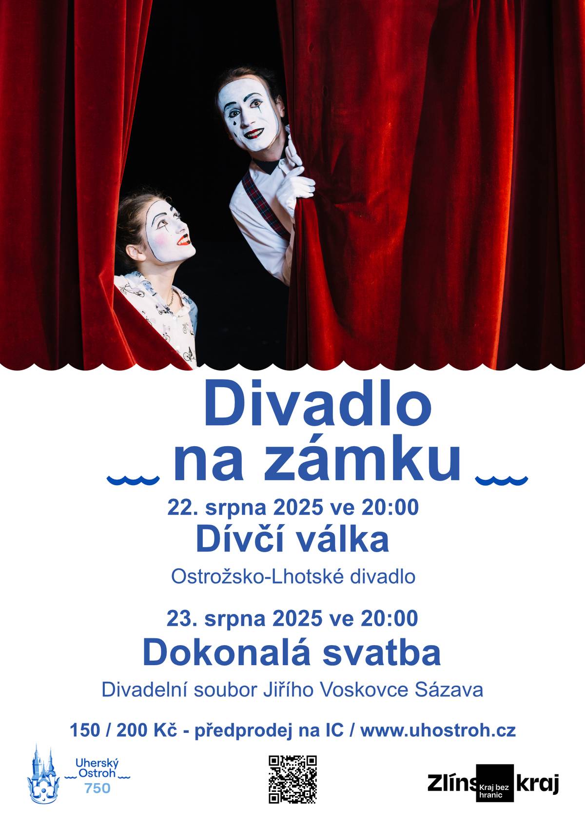 V pátek 22. srpna a v sobotu 23. srpna 2025 se na ostrožském zámku uskuteční Divadlo na zámku. Připravena jsou dvě divadelní představení. V pátek 22. srpna 2025 od 20:00 hodin odehraje Ostrožsko-Lhotské divadlo komedii s názvem Dívčí válka. Vstupenky na toto představení jsou již vyprodány. V sobotu 23. srpna 2025 od 20:00 hodin se představí se svým komediálním představením Dokonalá svatba divadelní soubor Jiřího Voskovce ze Sázavy. Vstupenky na toto představení můžete zatím stále ještě zakoupit v předprodeji za zvýhodněnou cenu 150 Kč buď osobně v pokladně ostrožského informačního centra, nebo elektronicky na webových stránkách města (viz odkaz https://portal.colosseum.eu/?mrsid=261).