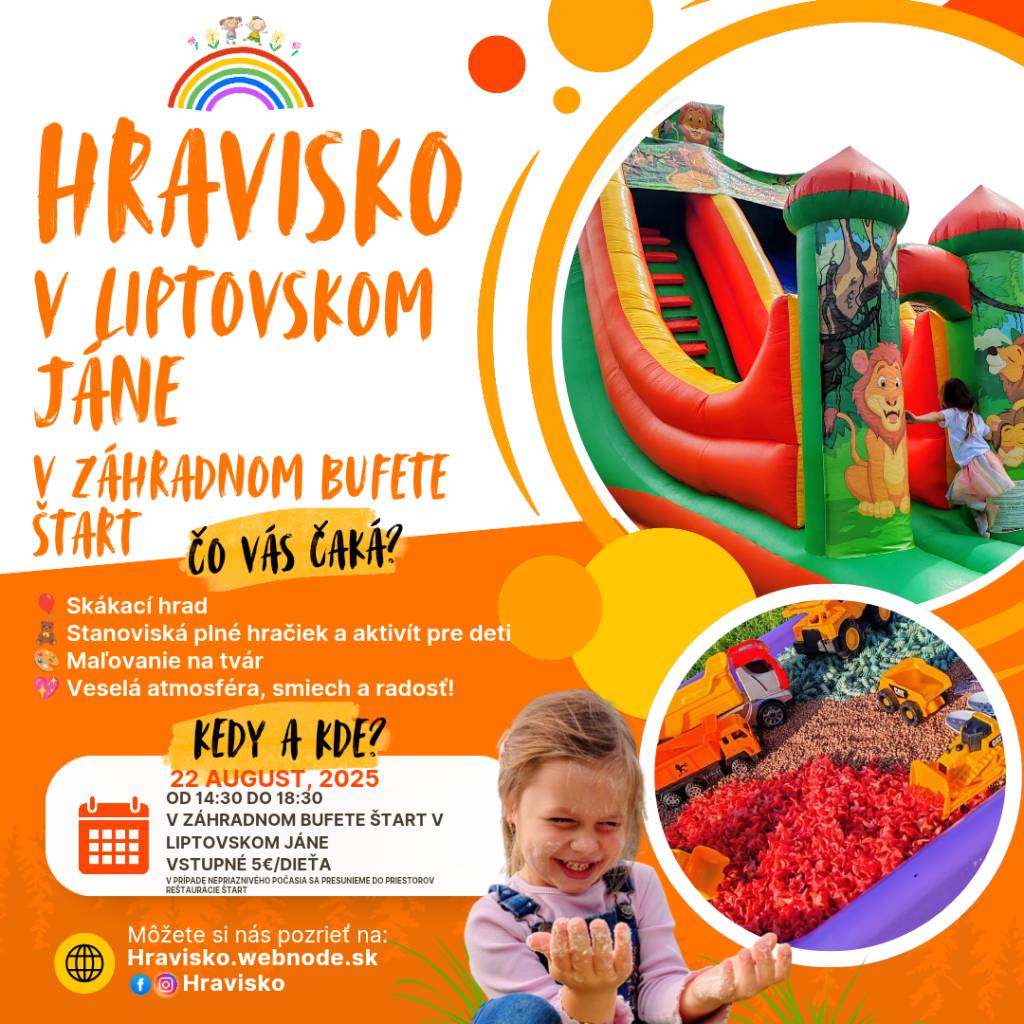 Kultúrne centrum Liptovský Ján pozýva Vás a Vašich najmenších na Hravisko v Liptovskom Jáne už v piatok 22.augusta 2025.     Viac info v plagáte.