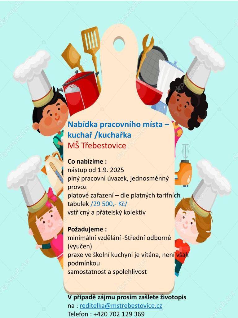 MŠ Třebestovice hledá kuchaře/kuchařku na plný pracovní úvazek.