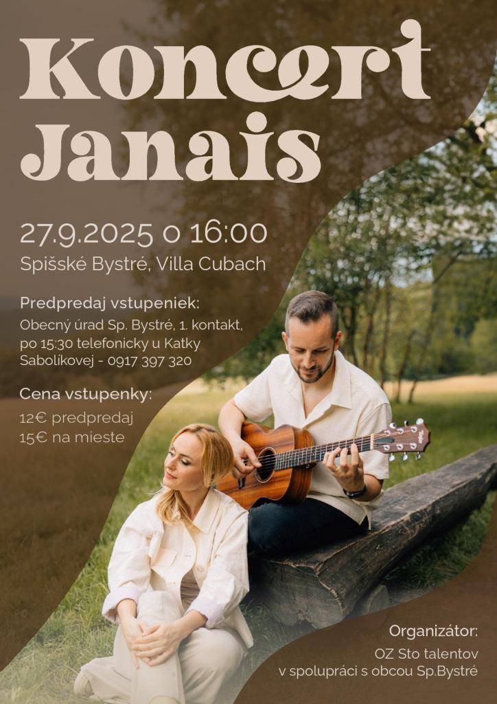 Koncert Janais, 27.9.2025 o 16:00 h, Spišské Bystré, Villa Cubach