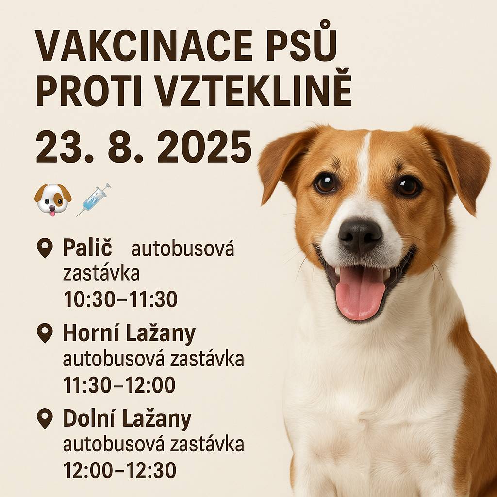 Vakcinace psů proti vzteklině 🐶💉 Očkování psů proti vzteklině proběhne v sobotu 23. 8. 2025. 📍 Palič – autobusová zastávka – 10:30–11:30 📍 Horní Lažany – autobusová zastávka – 11:30–12:00 📍 Dolní Lažany – autobusová zastávka – 12:00–12:30 Očkuje MVDr. Zbyněk Herman.